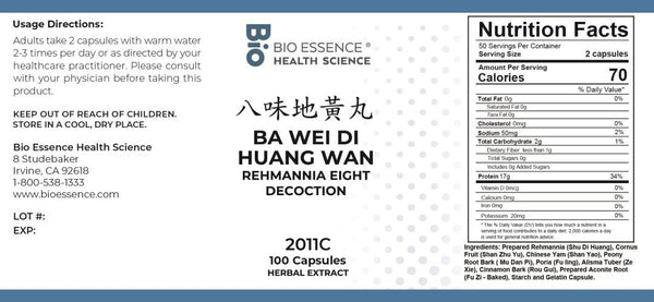 Bio Essence Health Science, Ba Wei Di Huang Wan, Rehmannia Eight Decoction, 100 Capsules