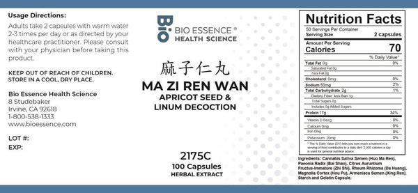 Bio Essence Health Science, Ma Zi Ren Wan, Apricot Seed & Linum Decoction, 100 Capsules