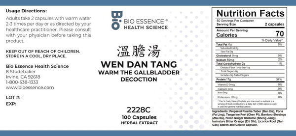 Bio Essence Health Science, Wen Dan Tang, Warm The Gallbladder Decoction, 100 Capsules
