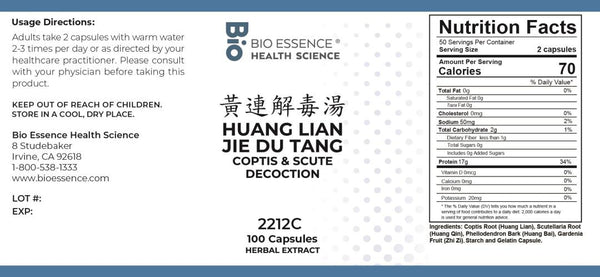 Bio Essence Health Science, Huang Lian Jie Du Tang, Coptis & Scute Decoction, 100 Capsules