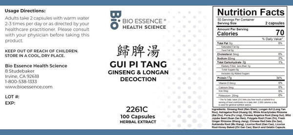 Bio Essence Health Science, Gui Pi Tang, Ginseng & Longan Decoction, 100 Capsules