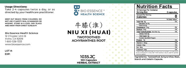 Bio Essence Health Science, Niu Xi (Huai), Achyranthes Root, 5:1 Extract Capsules, 100 Capsules