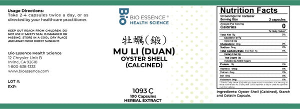 Bio Essence Health Science, Mu Li (Duan), Oyster Shell (Calcined), 5:1 Extract Capsules, 100 Capsules