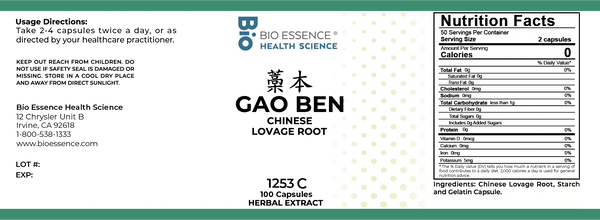 Bio Essence Health Science, Gao Ben, Chinese Lovage Root, 5:1 Extract Capsules, 100 Capsules