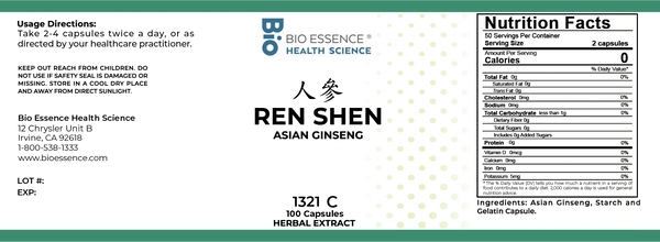 Bio Essence Health Science, Ren Shen, Asian Ginseng, 5:1 Extract Capsules, 100 Capsules