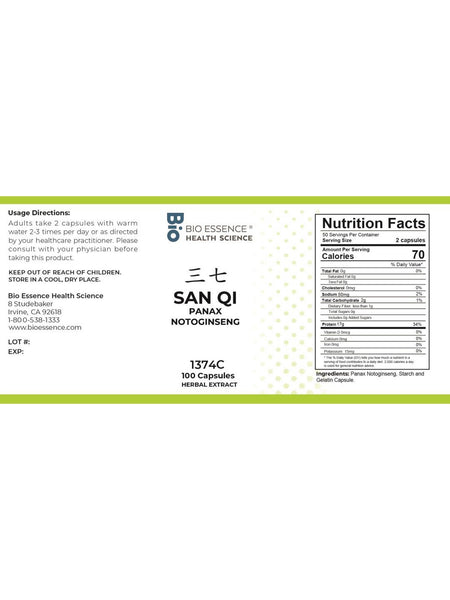 Bio Essence Health Science, San Qi, Panax Notoginseng, 5:1 Extract Capsules, 100 Capsules