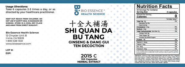 Bio Essence Health Science, Shi Quan Da Bu Tang, Ginseng & Dong Gui Ten Decoction, 100 Capsules