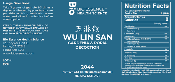 Bio Essence Health Science, Wu Lin San, Gardenia & Poria Decoction, Granules, 100 grams