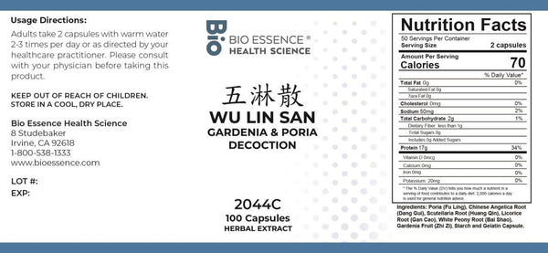 Bio Essence Health Science, Wu Lin San, Gardenia & Poria Decoction, 100 Capsules