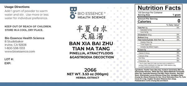 Bio Essence Health Science, Ban Xia Bai Zhu Tian Ma Tang, Pinellia, Atractylodis & Gastrodia Decoction, Granules, 100 grams