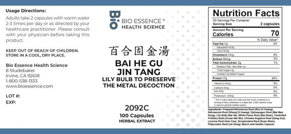 Bio Essence Health Science, Bai He Gu Jin Tang, Lily Bulb To Preserve The Metal Decoction, 100 Capsules