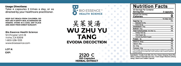 Bio Essence Health Science, Wu Zhu Yu Tang, Evodia Decoction, 100 Capsules