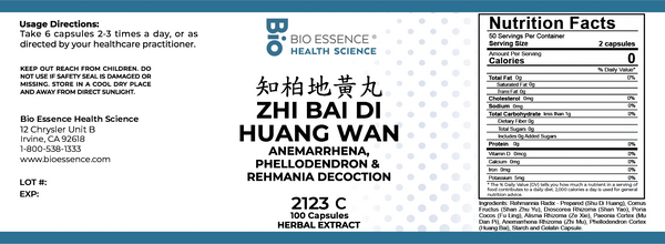 Bio Essence Health Science, Zhi Bai Di Huang Wan, Anemarrhena, Phellodendron & Rehmania Decoction, 100 Capsules