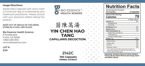 Bio Essence Health Science, Yin Chen Hao Tang, Capillaris Decoction, 100 Capsules