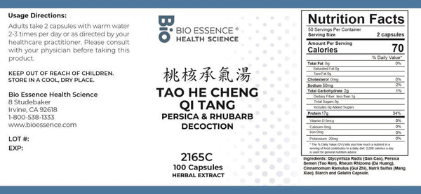 Bio Essence Health Science, Tao He Cheng Qi Tang, Persica & Rhubarb Decoction, 100 Capsules