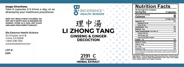 Bio Essence Health Science, Li Zhong Tang, Ginseng & Ginger Decoction, 100 Capsules