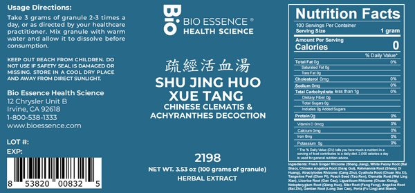 Bio Essence Health Science, Shu Jing Huo Xue Tang, Chinese Clematis & Achyranthes Decoction, Granules, 100 grams