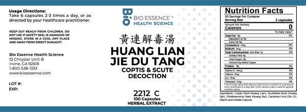 Bio Essence Health Science, Huang Lian Jie Du Tang, Coptis & Scute Decoction, 100 Capsules