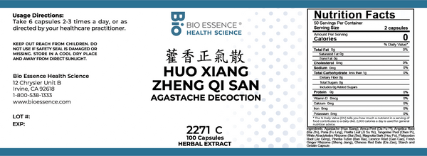 Bio Essence Health Science, Huo Xiang Zheng Qi San, Agastache Decoction, 100 Capsules