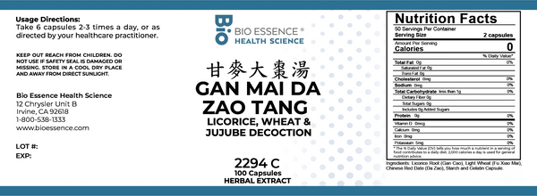 Bio Essence Health Science, Gan Mai Da Zao Tang, Licorice, Wheat & Jujube Decoction, 100 Capsules
