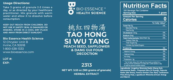 Bio Essence Health Science, Tao Hong Si Wu Tang, Peach Seed, Safflower & Dong Gui Four Decoction, Granules, 100 grams