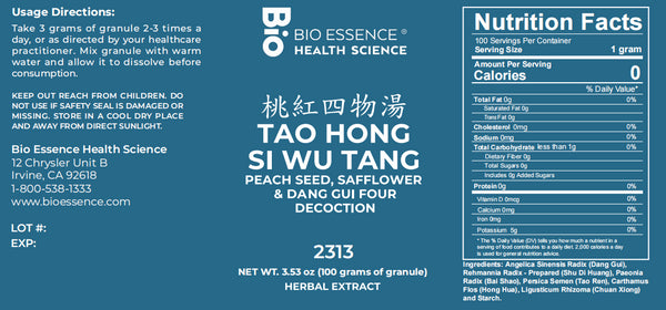 Bio Essence Health Science, Tao Hong Si Wu Tang, Peach Seed, Safflower & Dong Gui Four Decoction, Granules, 100 grams