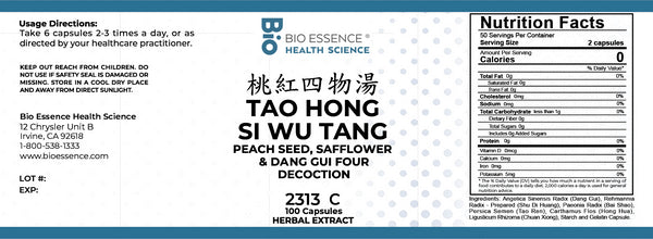 Bio Essence Health Science, Tao Hong Si Wu Tang, Peach Seed, Safflower & Dong Gui Four Decoction, 100 Capsules