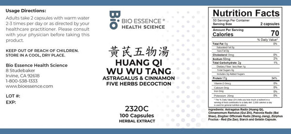 Bio Essence Health Science, Huang Qi Wu Wu Tang, Astragalus & Cinnamon Five He, 100 Capsules
