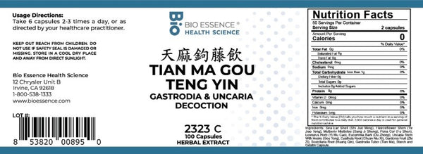 Bio Essence Health Science, Tian Ma Gou Teng Yin, Gastrodia & Uncaria Decoction, 100 Capsules