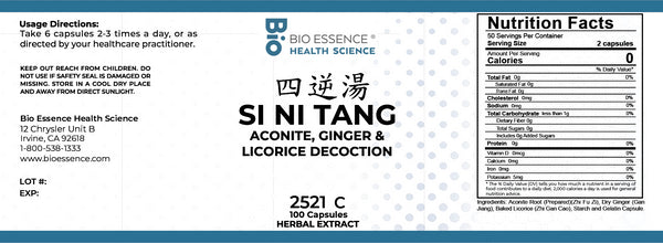 Bio Essence Health Science, Si Ni Tang, Aconite, Ginger & Licorice Decoction, 100 Capsules