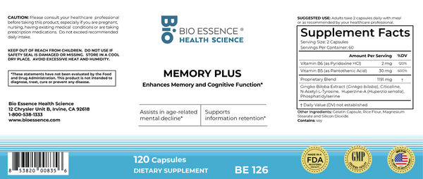 Bio Essence Health Science, Memory Plus, 120 Capsules