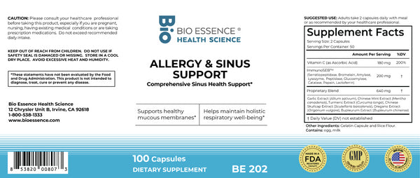 Bio Essence Health Science, Allergy & Sinus Support, 100 Capsules