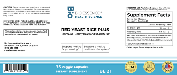 Bio Essence Health Science, Red Yeast Rice Plus, 75 Veggie Capsules