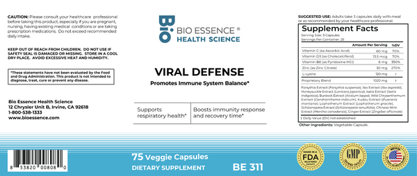 Bio Essence Health Science, Viral Defense, 75 Veggie Capsules