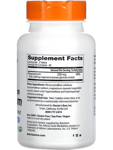 Doctor's Best, High Absorption Magnesium Lysinate Glycinate, 200 mg, 120 Tablets