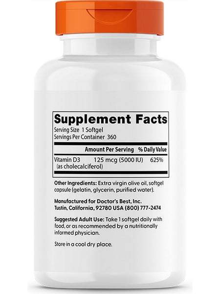 Doctor's Best, Vitamin D3, 125 mcg (5,000 IU), 360 Softgels