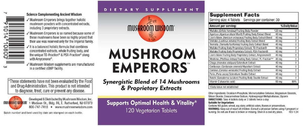 Mushroom Wisdom, Mushroom Emperors, 120 Vegetarian Tablets