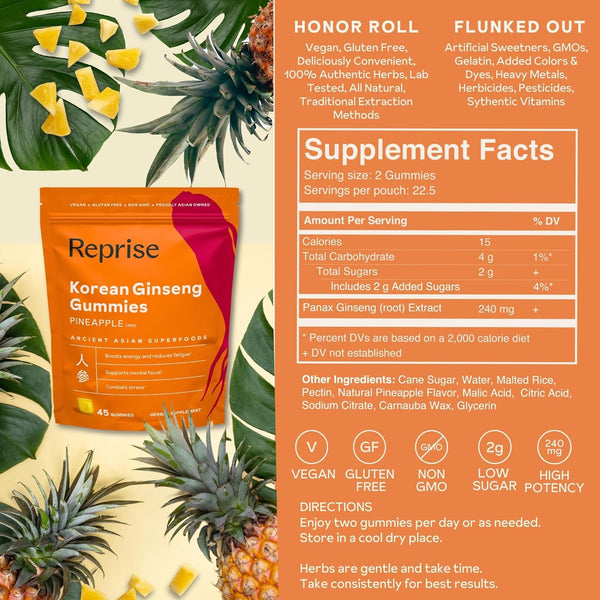 Reprise, Korean Ginseng Gummies, Pineapple, 45 Gummies