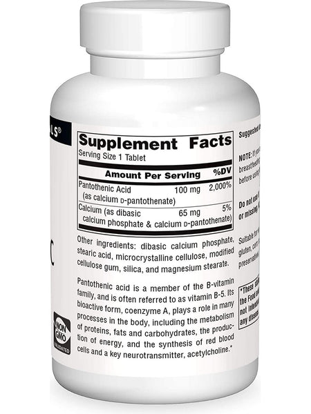 Source Naturals, Pantothenic Acid Vitamin B-5 100 mg, 250 tablets