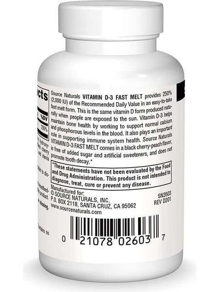 Source Naturals, Vitamin D-3 2000 IU Black Cherry-Peach Fast Melt™, 120 tablets