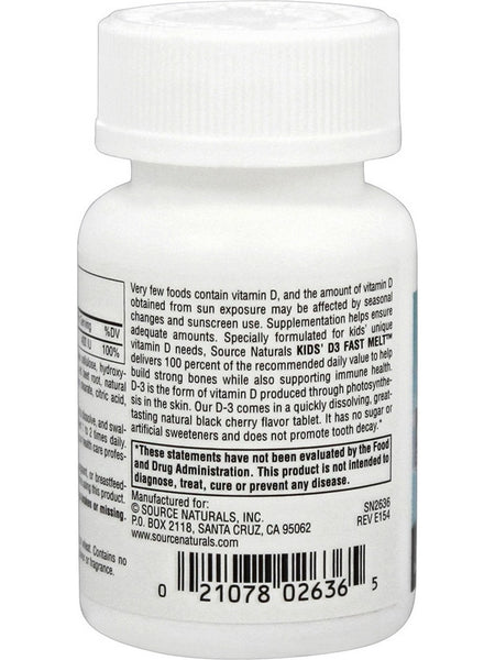 Source Naturals, Kids D-3 400 IU Black Cherry Fast Melt™, 100 tablets