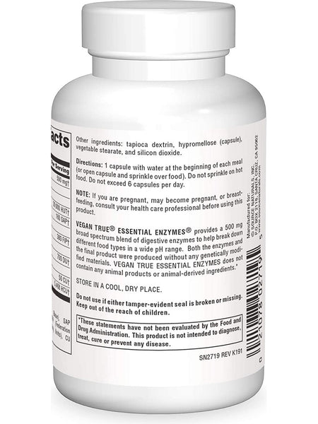 Source Naturals, Vegan True® Non-GMO Essential Enzymes® 500 mg, 90 vegetarian capsules