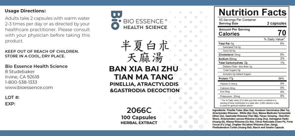 Bio Essence Health Science, Ban Xia Bai Zhu Tian Ma Tang, Pinellia, Atractylodis & Gastrodia Decoction, 100 Capsules