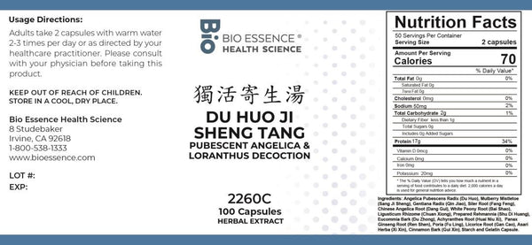 Bio Essence Health Science, Du Huo Ji Sheng Tang, Pubescent Angelica & Loranthus Decoction, 100 Capsules