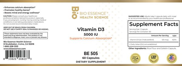 Bio Essence Health Science, Vitamin D3 5000 IU, 60 Capsules